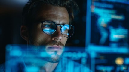 Focused man wearing glasses analyzing data on multiple computer screens in dimly lit office