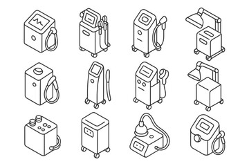 Line art illustration of medical devices for skin and hair treatments.