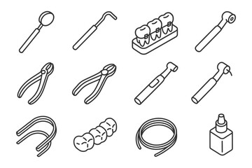 Dental tools set: mirror, scaler, teeth, forceps, drill in line art.