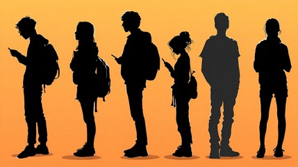 Silhouettes of six people standing in a row, using smartphones, casual attire, orange background