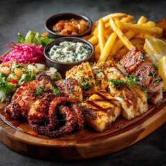 Grilled octopus and fish platter with fries and salads