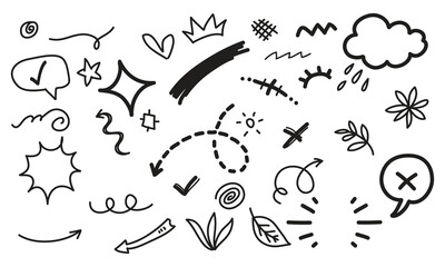 Diverse collection of hand drawn doodle elements for emphasis and creative design projects