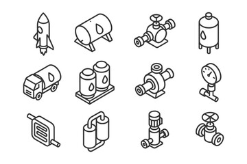 Isometric icons of industrial equipment and machinery components.