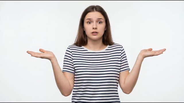 Young woman shrugs with palms up in confusion on white background