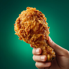 hand holding fried chicken on a green background.