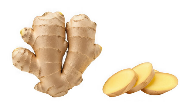 Fresh ginger root and slices isolated on transparent background