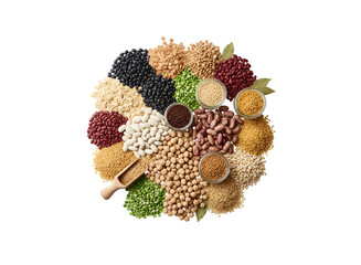 Dried beans and grains set against a white backdrop