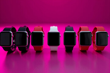 Row of modern smartwatches with black screens and red or black rubber straps standing on pink background for wearable technology concept
