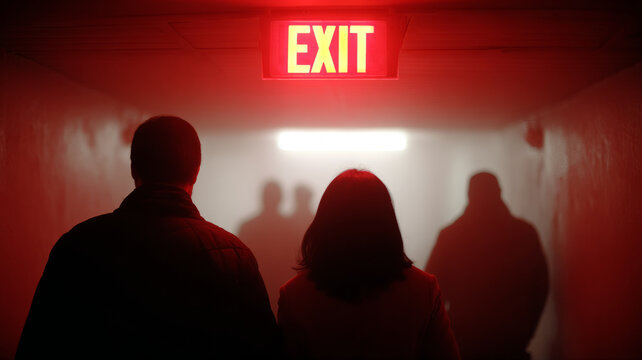 Silhouettes in a dark corridor under a glowing exit sign.
