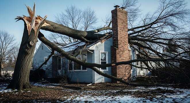 Large tree fallen onto light blue house causing roof damage fallen tree home
