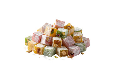 Tasty Turkish delight with nuts set against a white background