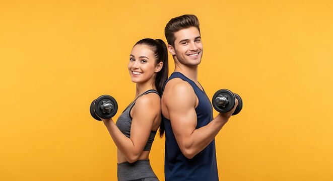 Man and woman holding dumbbells smiling on yellow background couple fitness