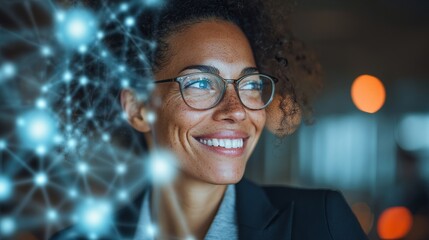 Smiling woman with glasses in futuristic tech environment
