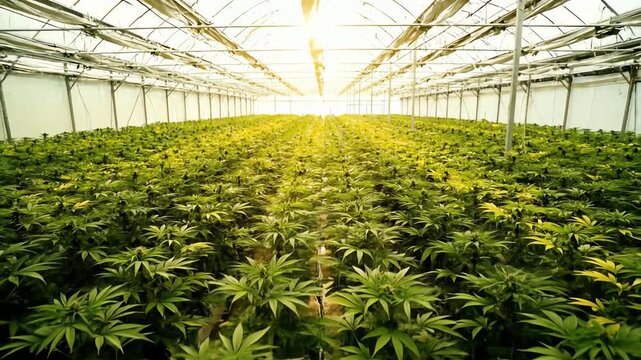 Flying through a vast greenhouse filled with lush green cannabis plants under bright sunlight