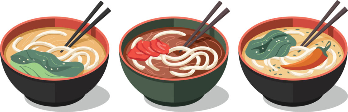 Three bowls of hot noodle soup with chopsticks and garnishes like vegetables and chili vector illustration