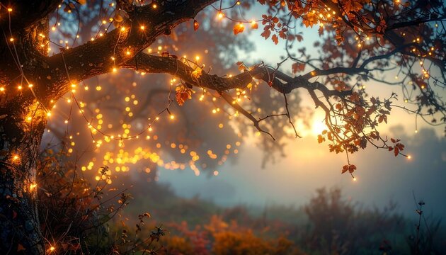 Golden lights arc through misty forest at twilight, casting magical warmth in serene woodland glow. - Powered by Adobe