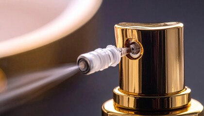 Gold perfume bottle spraying mist, close-up with soft background