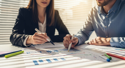 Business professionals analyzing financial graphs and charts together at a sunlit office desk during a collaborative meeting