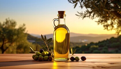 A bottle of golden oil sits beside olives against a scenic sunset