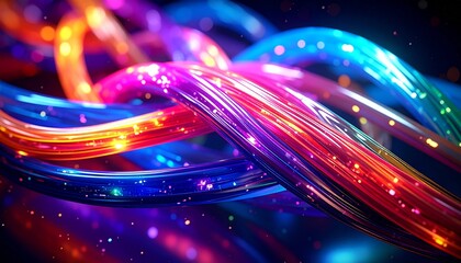 Multicolored fiber strands flow in waves, glowing with energy, speed, and digital brilliance.