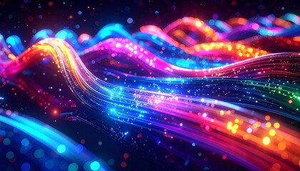 Multicolored fiber strands flow in waves, glowing with energy, speed, and digital brilliance.