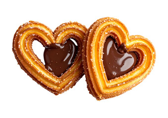 Two heart shaped chocolate filled pastries on black background