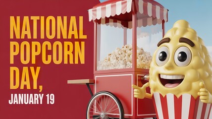 Festive national popcorn day scene with cartoon popcorn character and vintage style red and white popcorn cart