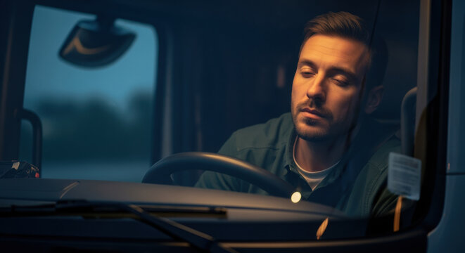Tired male truck driver struggling to stay awake at night behind the wheel, risking fatigue and drowsy driving on a long journey