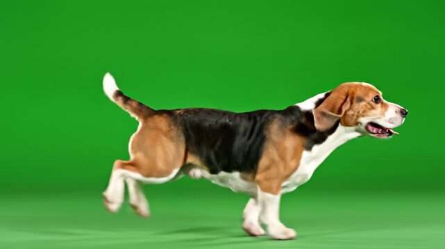 Beagle dog running on green background, energetic pet