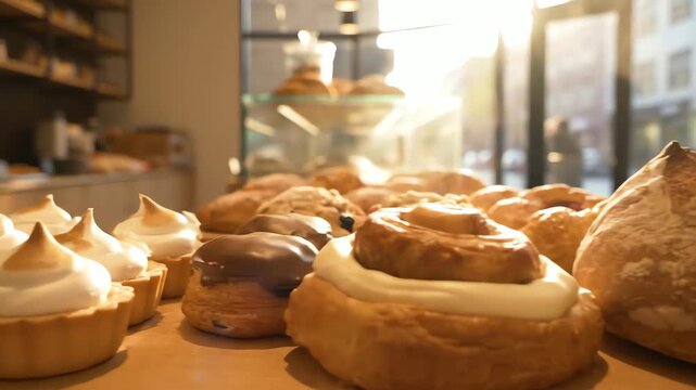 Close up of a bakery display case filled with assorted fresh pastries and bread