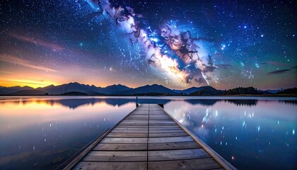 Majestic night sky reflects in tranquil lake, leading to distant mountains