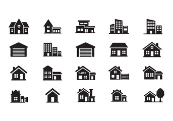 Fototapeta premium House Icon Silhouette Vector Set – Minimal Home Building Symbols Collection Isolated on White Background