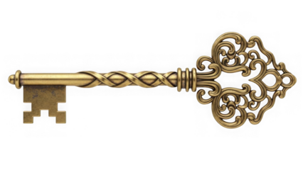 Ornate brass antique skeleton key featuring intricate filigree design against a black background