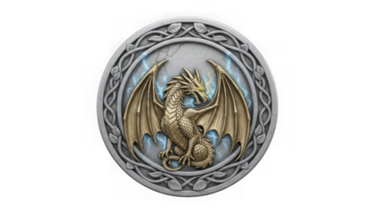Majestic golden dragon emblem with lightning on an ornate celtic knot medallion