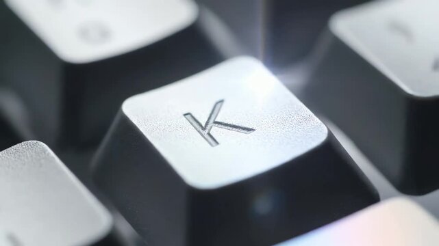 Detailed macro view of the letter K on a sleek computer keyboard with a glowing light effect