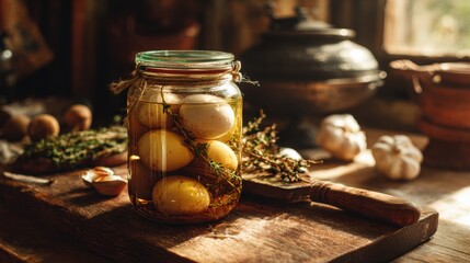 Homemade pickled eggs and fresh herbs in a rustic glass jar
