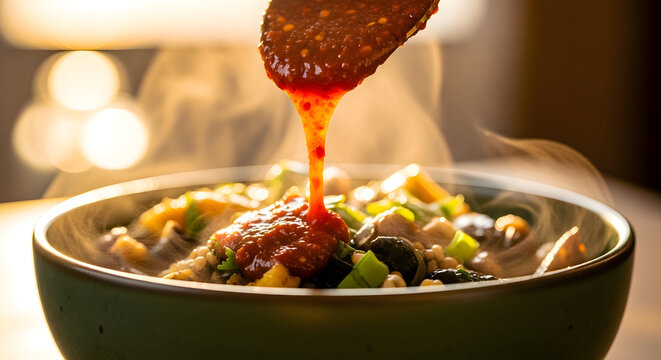 Delicious bowl of food with sauce being poured on top steaming hot meal