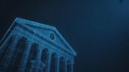 Naklejka premium Detailed wireframe rendering showcases an architectural building, rendered with glowing blue neon columns and building features against dark blue background