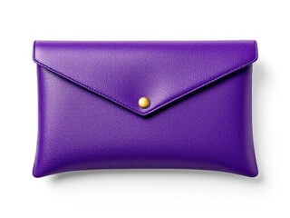 Vivid purple envelope clutch with gold snap against a white background