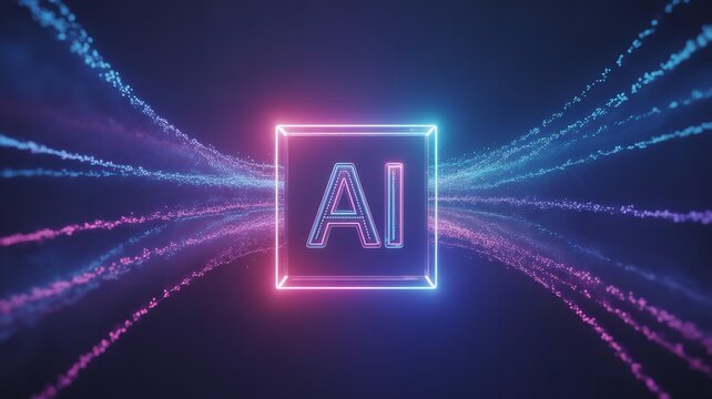 Captivating ai logo emanating from dynamic pink and blue energy particle streams against a gradient dark backdrop