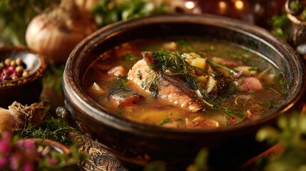 Hearty fish soup with salmon and dill in rustic bowl