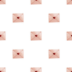 Digital Watercolor Envelope with Heart Seamless Valentine Pattern