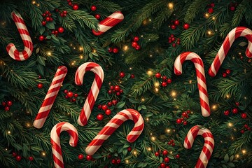christmas candy cane on green leaves 