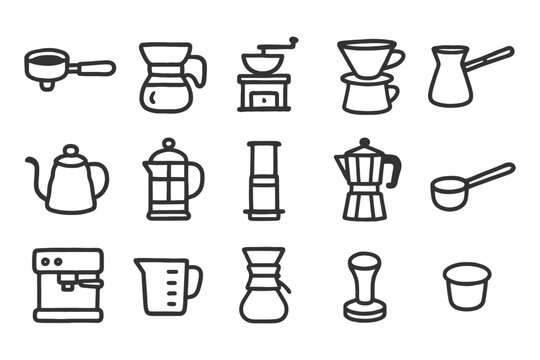 Hand-drawn coffee equipment icons: brewing tools for coffee lovers.