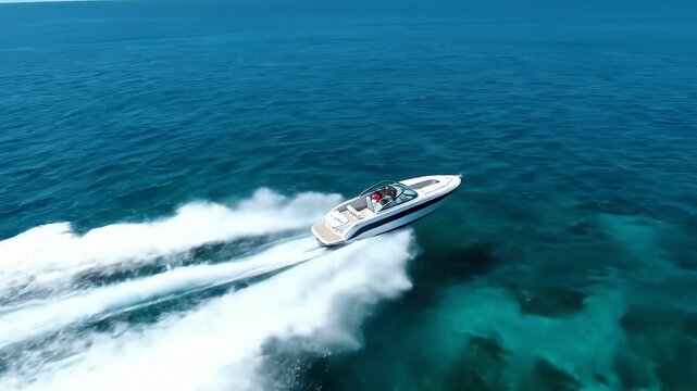 Luxury speedboat cruising fast across the clear blue ocean on a sunny day an aerial drone perspective