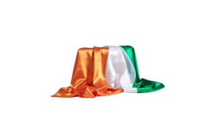 Irish Flag Made of Silk Draped Over a Small Wooden Crate with Vibrant Green, White, and Orange Colors, Isolated on Transparent Background