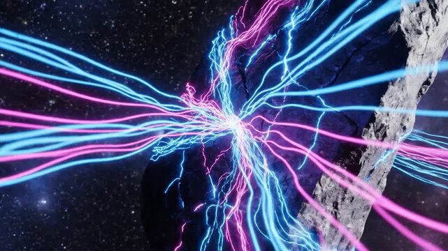 Electrifying asteroid in deep space with vibrant lightning