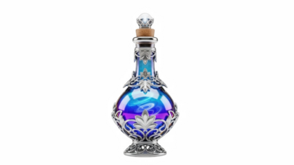 Enchanting cosmic potion bottle with swirling mystic liquid and ornate silver filigree