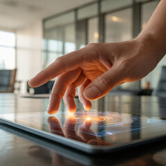 Cinematic commercial design background with hands using transparent AI data tablet, warm lighting, professional bokeh office interior.