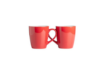 Two Red Ceramic Mugs with Interlocked Handles, Romantic and Cozy Design, Isolated on Transparent Background